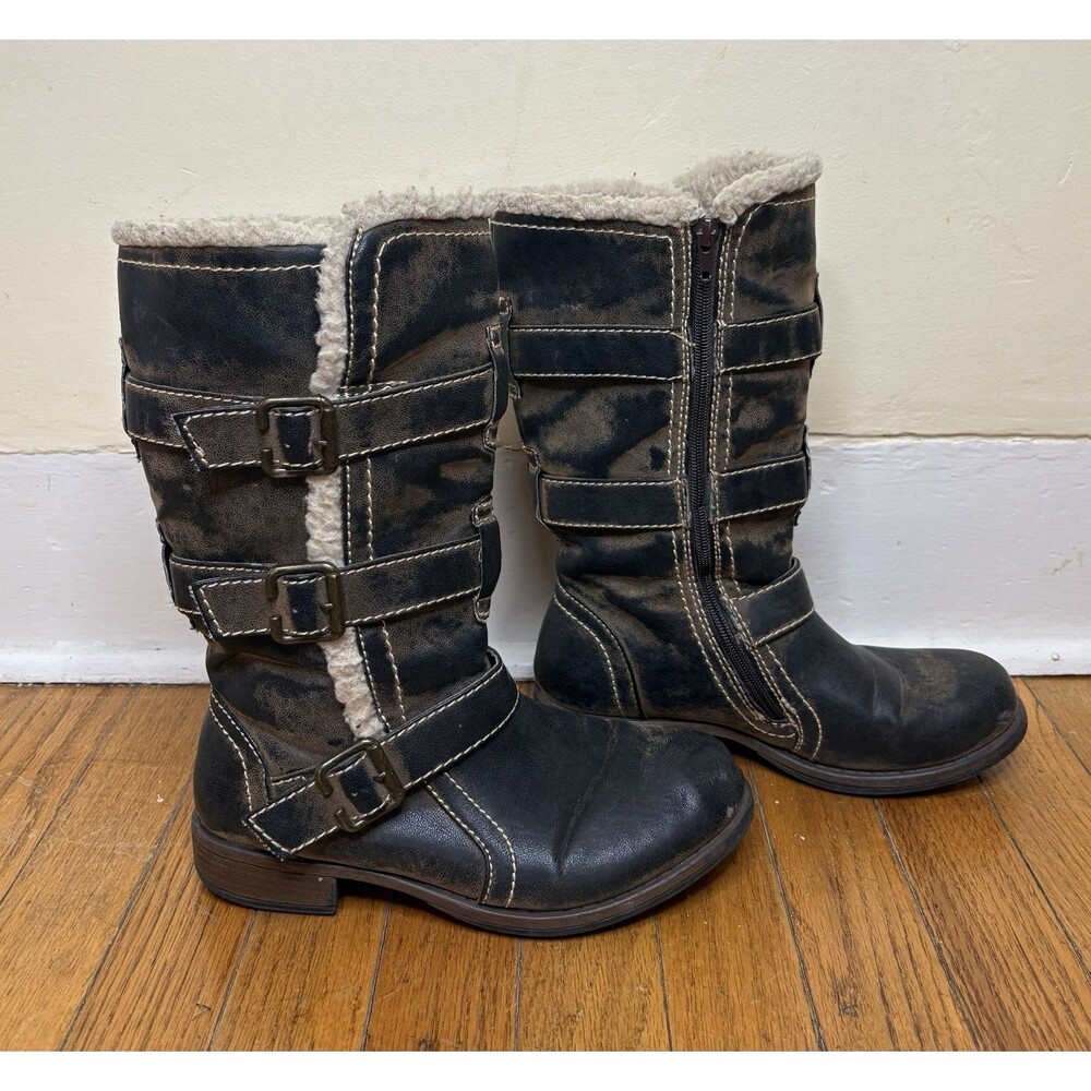 Crown Vintage Distressed Leather Boots Triple Buckle Faux Shearling Womens Sz 7